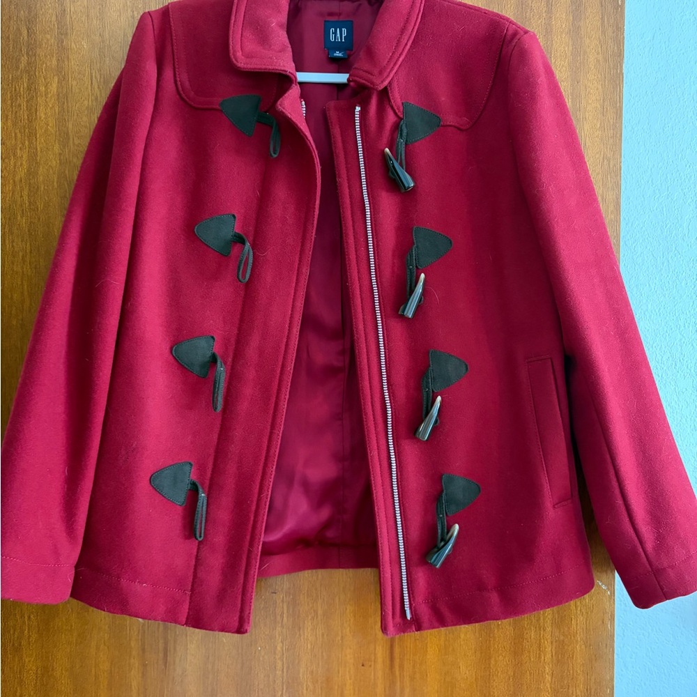 GAP Women's Deep Red Toggle Pea Coat with Black Accents